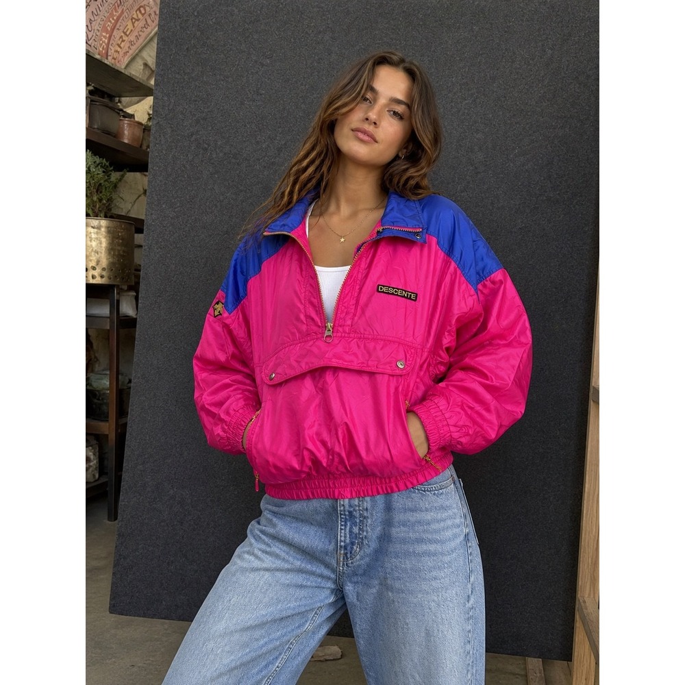 VTG Descente Jacket Womens Large Pink‎ Blue Colorblock Quarter Zip Windbreaker